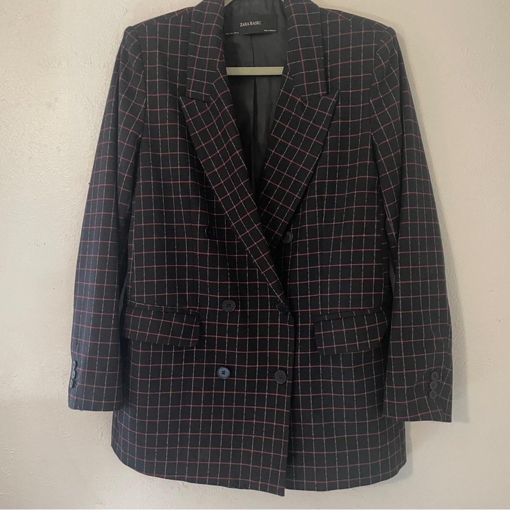 Zara Basic Black Red Windowpane Double Breasted B… - image 1